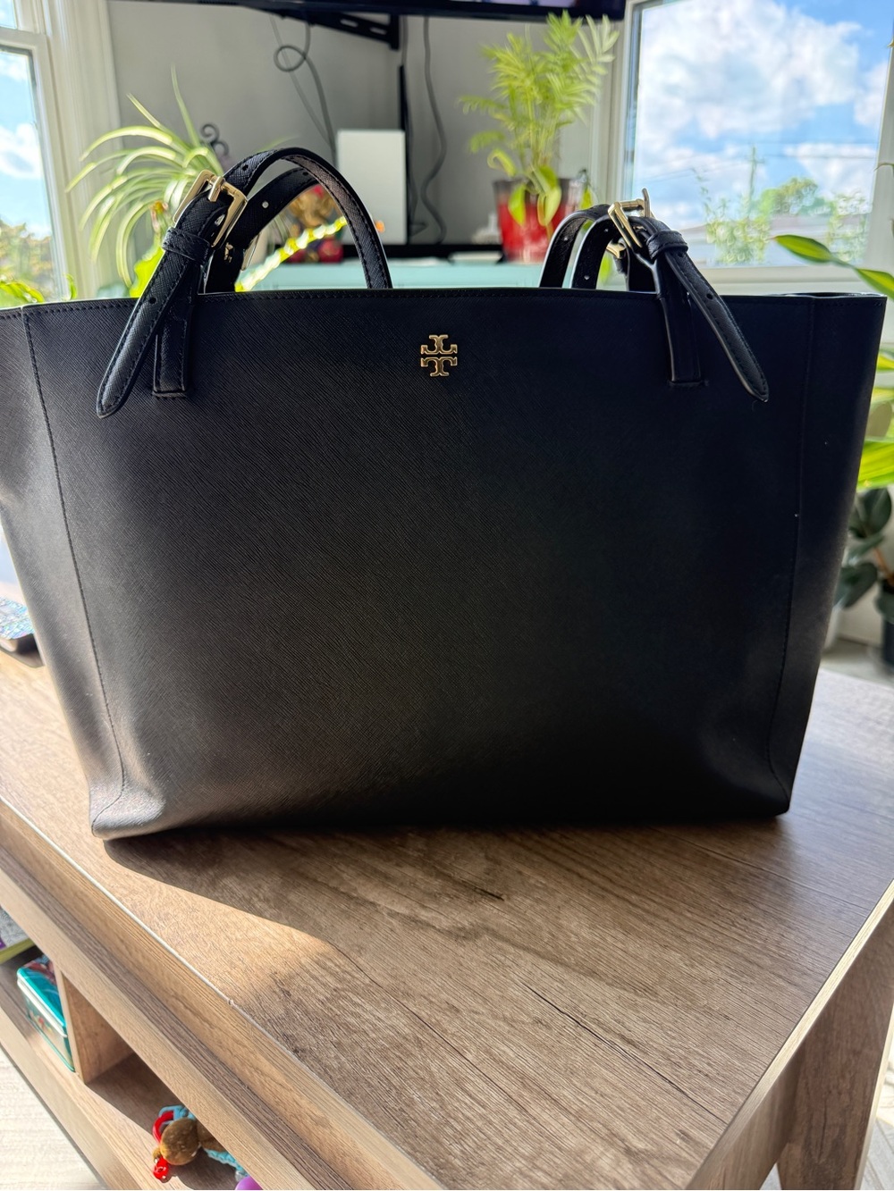 Tory Burch Black Leather Tote with Gold Logo